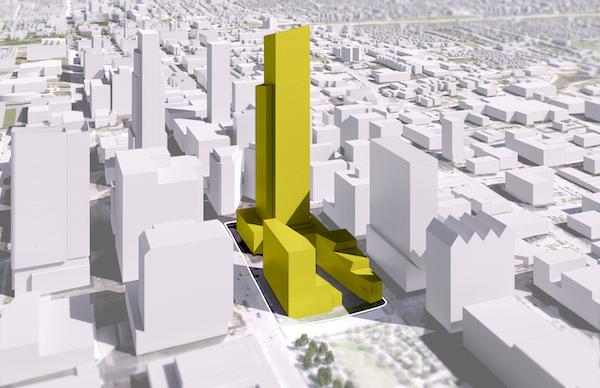 Rendering of new development on Omaha's first block, with new buildings highlighted yellow.